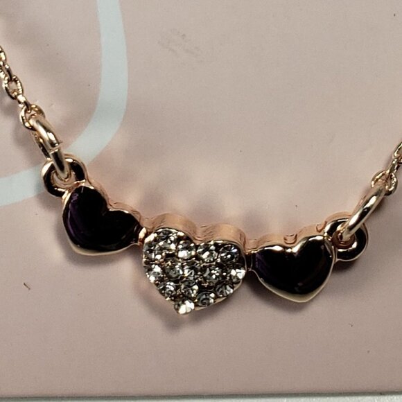 Women's Rose Gold-tone triple Heart Rhinestone Lilac Necklace w/ 3 stud Earrings - Picture 5 of 10